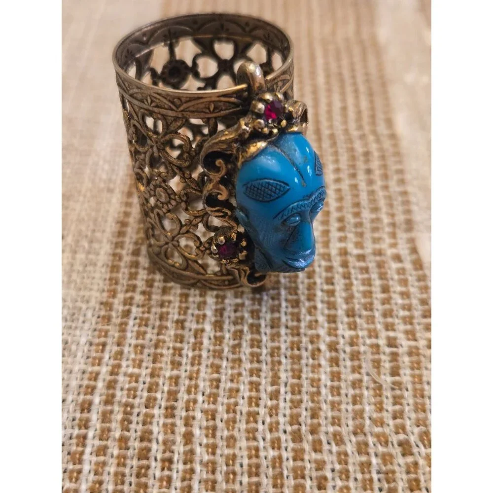 Vintage Filigree Tribal Mask Convertible Ring or Scarf Slide Ornate Statement Et